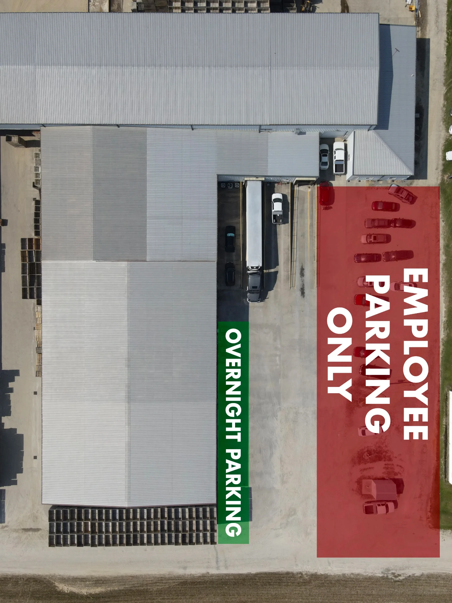 Aerial diagram of the Kornegay packing facility showing overnight driver parking in green and employee-only parking in red.